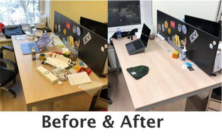 Messy table before and after the 1 hour cleaning method.