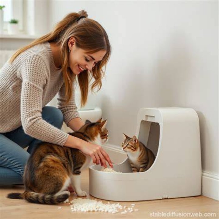 owner cleaning her cat's litter tray