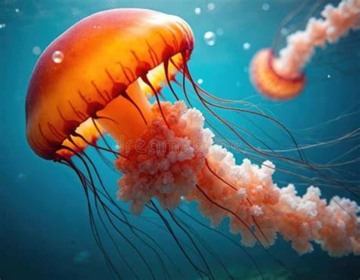 Two orange jellyfish underwater