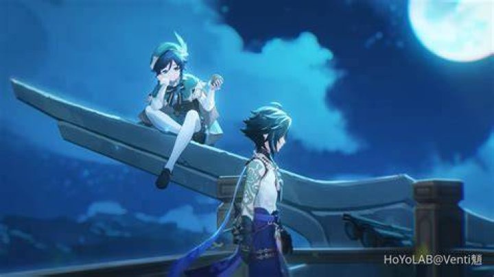 Xiao and Venti looking over the ocean in Genshin Impact.